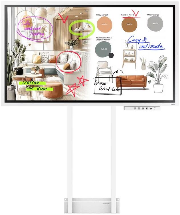 Samsung Flip WM65FX Tableau blanc numérique 164 cm 65" avec Neomounts WL55-875WH1 MOVE Lift support mural motorisé au sol & plateau CY-TF65BFC4K UHD, tactile IR, 12/7, HDMI In/Out, USB-A, USB-C, WiFi, Bluetooth, AirPlay, Tizen 9.0
