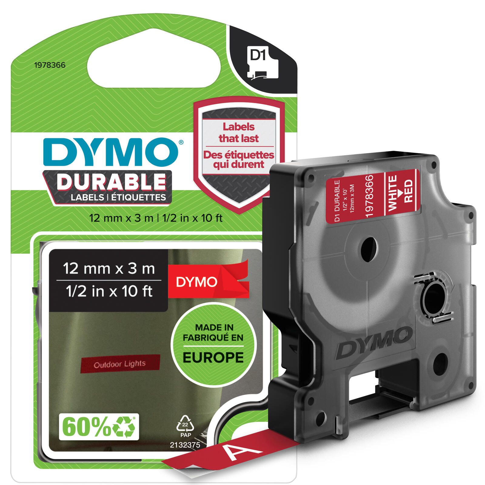 DYMO® Original D1 ruban d'étiquettes "Haute performance" pour LabelManager™ 12 mm x 3 m - polyester, adhésif permanent - noir sur rouge